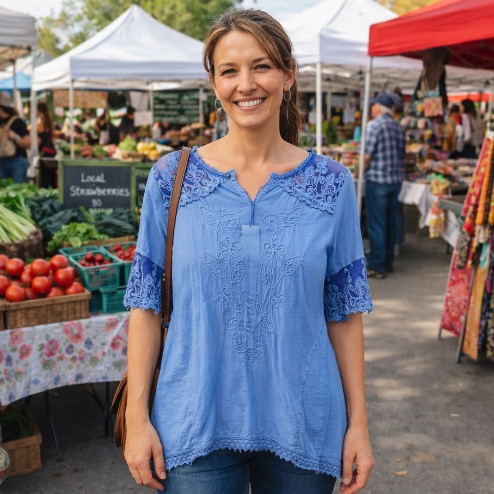 Gretty Zueger Embroidered mesh cotton elbow length sleeve Tunic Ocean Blue Med